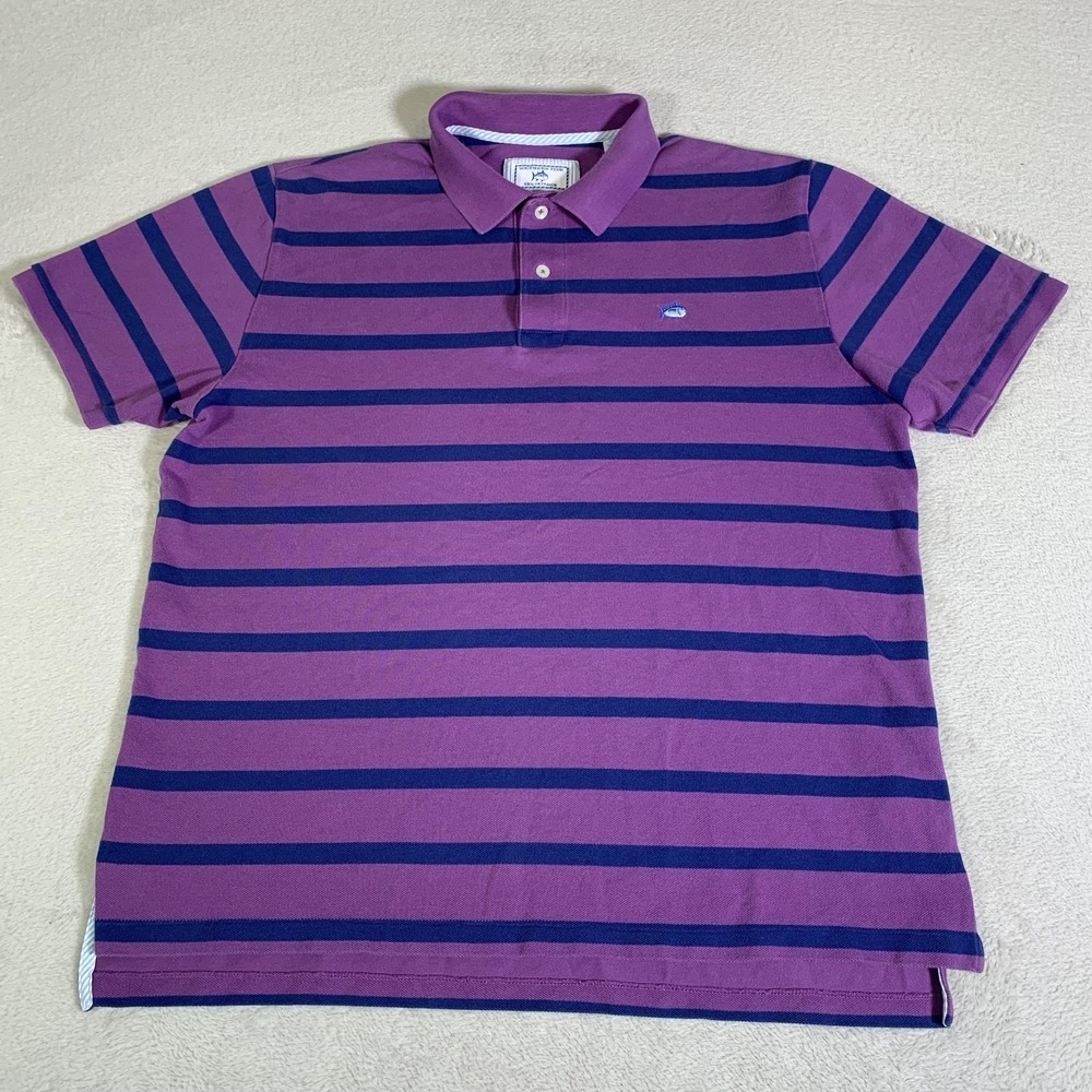 Southern Tide Polo Shirt Mens Large Purple Navy Stripe Skipjack Stretch Cotton